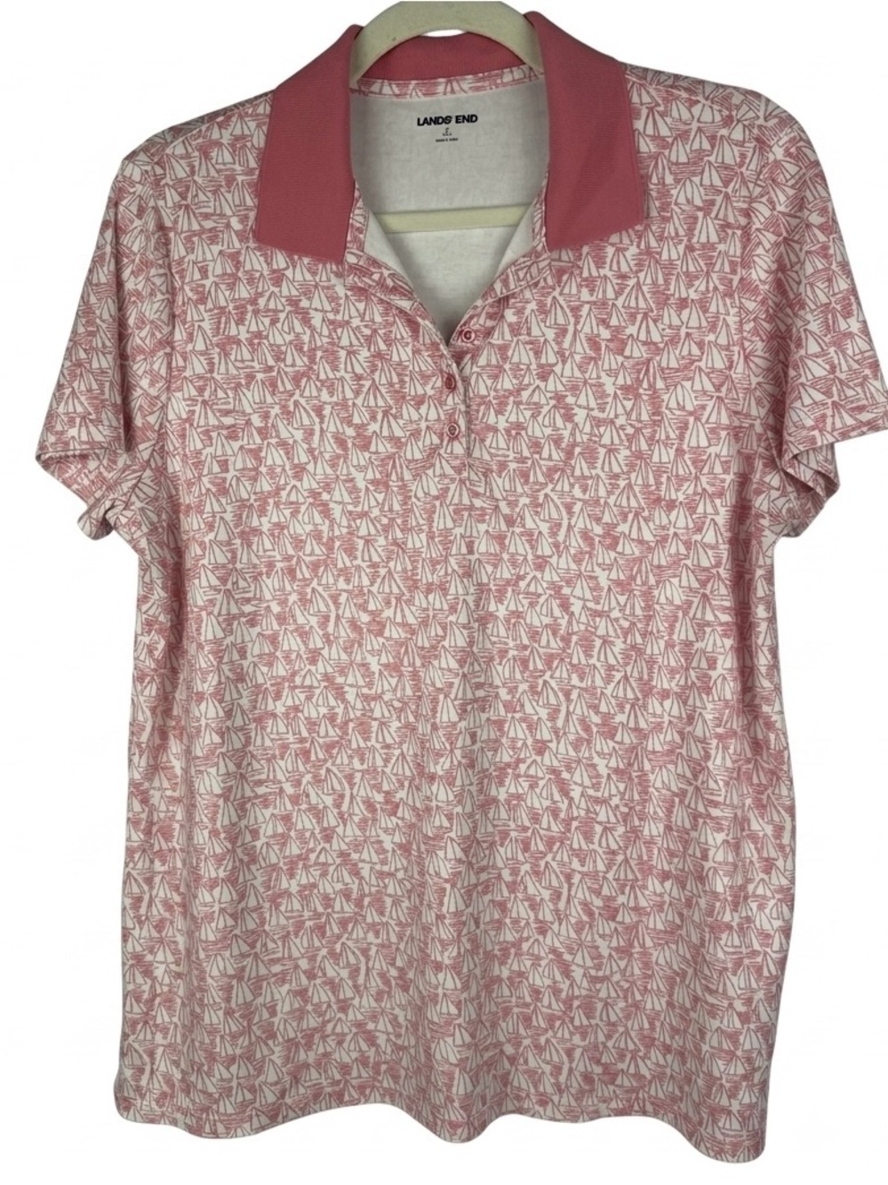 Lands' End Sailboat Print Polo Shirt Pink White Large 14-16 Short Sleeve Cotton